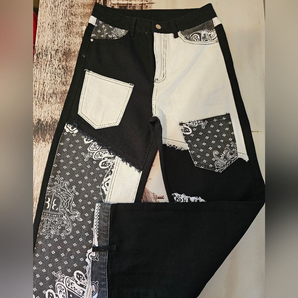 Shein EZwear Paisley print patchwork Boyfriend jeans women's size 26X 28
